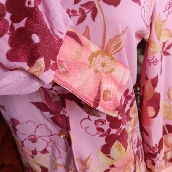 Medium True Vintage Disco Top Blouse 1970's Pink Flowers Floral Print Stretch - Picture 3 of 6
